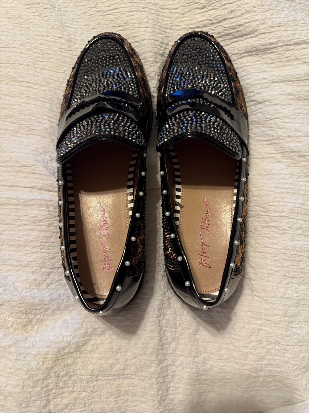 Betsey Johnson Black Glitter & Pearl-Trim Loafers